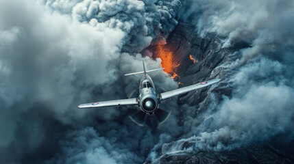 Small airplane approaches, single propeller, amidst swirling smoke, backdrop of erupting volcano.generative ai