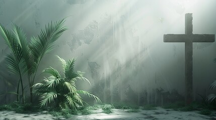Fototapeta premium Palm Sunday Background: Cross and Palm on Grey