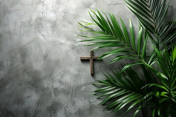 Palm Sunday Background: Cross and Palm on Grey

