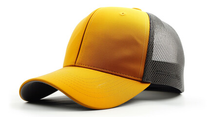 Yellow and grey baseball cap on white background.