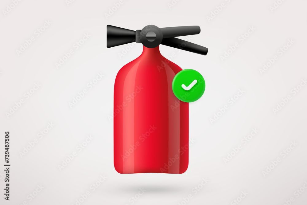 Poster red fire extinguisher with green checkmark. 3d vector icon