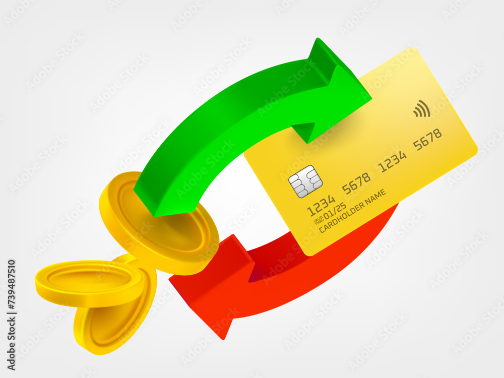 Poster Two arrow in the circle with coins and bank card. Cashback concept. 3d vector icons isolated on white background