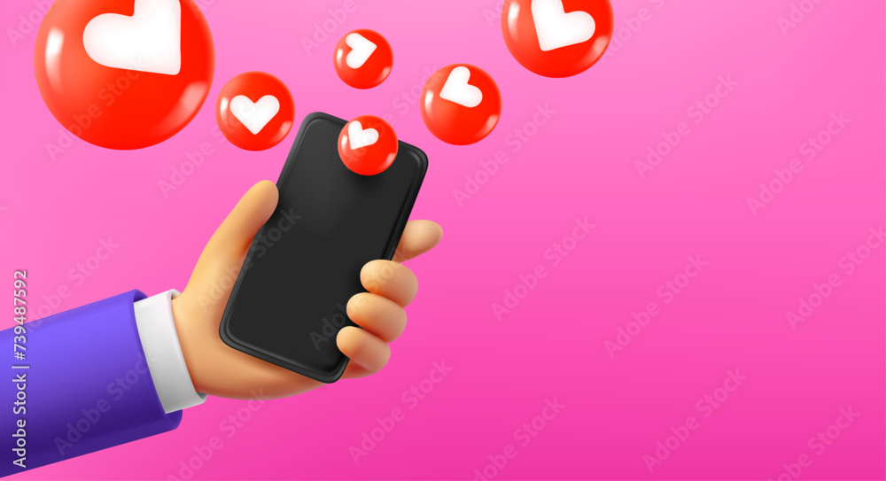Aufkleber man using social media mobile application on smartphone. comic 3d vector banner with copy space