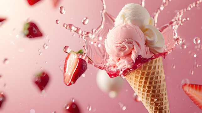 Refreshing summer treat with fresh strawberries and scoops of ice cream in a cone. perfect image for food advertising. high-quality dessert photography. AI