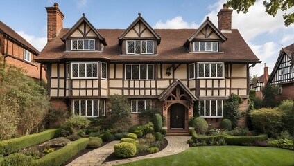 Fototapeta na wymiar A Tudor-style home with timbered facade, leaded windows, and English garden. generative AI