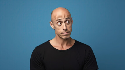 Obraz premium Portrait of a confused man wearing black t-shirt . Isolated on blue background