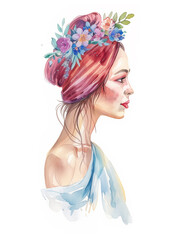 Boho Elegance: Watercolor Profile of a Woman on White Bacground