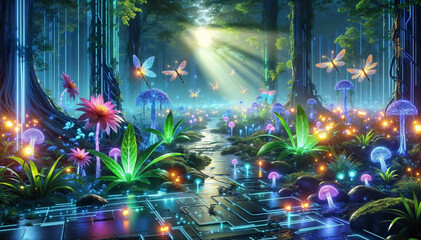 Obraz na płótnie Canvas Enchanted Technological Forest: Magical Bioluminescence and Digital Flora