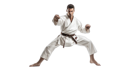 A man dressed in a white karate gi is in a fighting stance, pointing his finger like a gun.