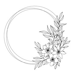 vector wreath with flower, leaves and branch. Elegant round frame with space for text. ink hand drawn monochrome botanical illustration for backgrounds. Template for wedding cards, polygraph, logo.