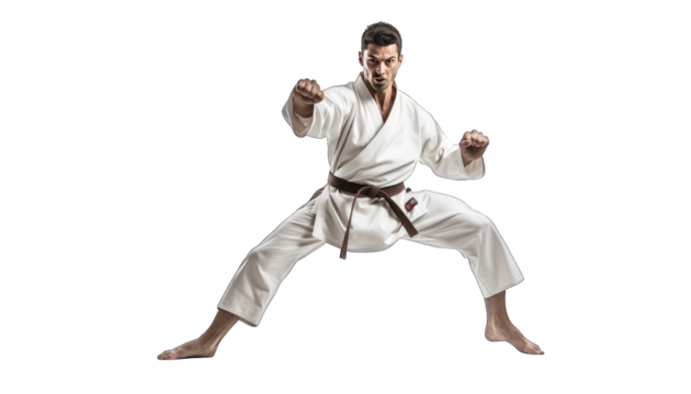 A man dressed in a white karate gi is in a fighting stance, pointing his finger like a gun.