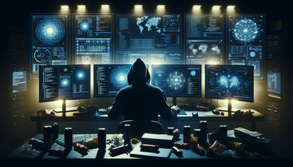  From behind a hacker, who is deeply engrossed in work in front of illuminated computer monitors, each displaying intricate data points - obrazy, fototapety, plakaty