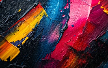 A detailed close-up photograph the vibrant colors of a painting alongside a set of paintbrushes. The textures and brushstrokes are visible, adding depth to the composition.