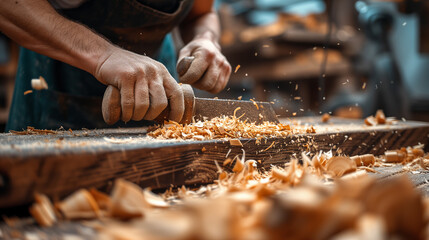 Wood working hands of a carpenter, making wood shavings.