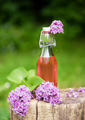 Homemade lilac blossom syrup in a glass bottle with a pastel rosa flower on an old rustic tree...