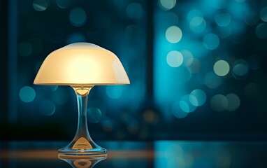 The photograph captures a table lamp placed on top of a wooden table. The lamp emits a warm glow, illuminating the immediate area around it. - obrazy, fototapety, plakaty