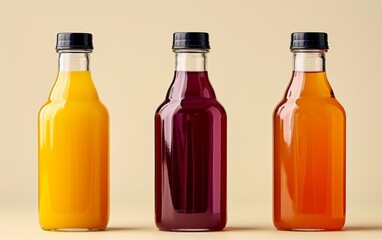 Three colorful bottles of various fruit juices are neatly lined up in a row on a table, creating a vibrant and refreshing display.