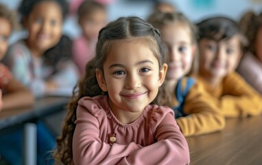 A diverse group of children are seated around a table in a classroom, engaged in learning activities. They are focused and attentive, interacting with each other and their surroundings.