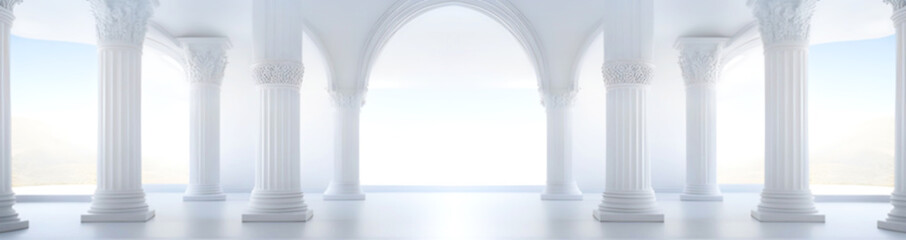 Archway White Columns, Hallway Elegant hall classical architecture Ancient style arch Design,  Minimalistic morning light copy space Abstract background - obrazy, fototapety, plakaty