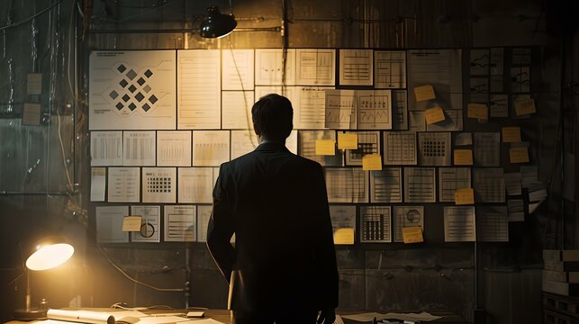 Mysterious silhouette of a man facing a wall with notes and documents. detective style mood. cinematic and narrative scene. AI