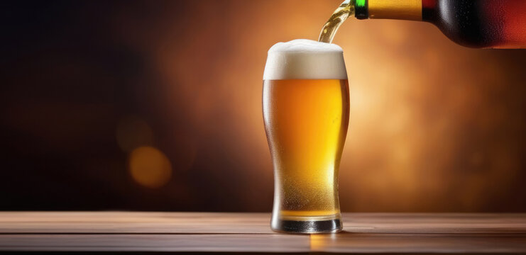 National beer day, world bartender's day, foamy drink on the bar, glass of beer, poured from a bottle, dark wooden background, horizontal banner, place for text