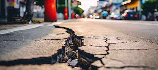 Road with a long crack in a city