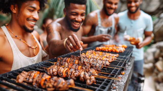 Group of friends laughing and cooking skewers on a grill at a festive outdoor barbecue party.