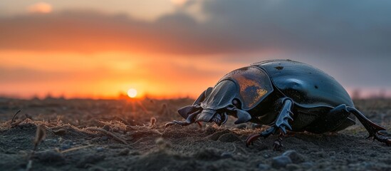 Fototapeta na wymiar Vibrant sunset with beetle silhouetted against the horizon in nature