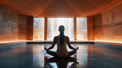 Woman practicing yoga in a serene, warmly lit room, embodying peace and mindfulness in meditation.