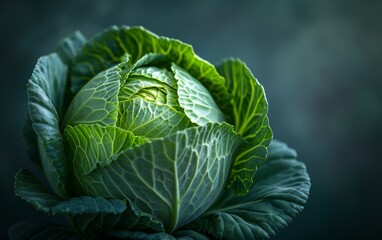 Fototapeta premium showcases a detailed close-up of a head of cabbage, highlighting its textured leaves and vibrant green color. The intricate patterns and natural beauty of the cabbage head are captured in this image.