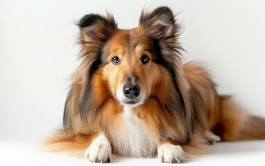 showcasing a brown and white dog peacefully laying on top of a clean white floor.