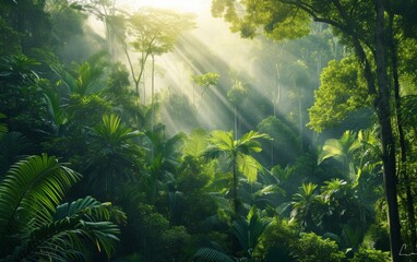 The suns rays filter through the dense canopy of trees in the jungle, casting a warm glow on the forest floor. The lush greenery and foliage create a natural spotlight effect as the sun beams down. - obrazy, fototapety, plakaty