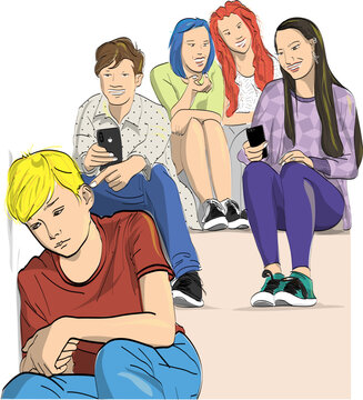 Ilustra&ccedil;&atilde;o de Tipos mais comuns de bullying. Um menino acuado sendo ridicularizado na escola por todos os seus colegas. Rindo de um amigo sendo filmado