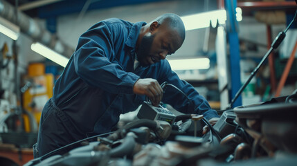 mechanic deeply focused on his work, inspecting or repairing a vehicle in an auto repair shop. - obrazy, fototapety, plakaty