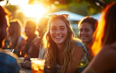 A diverse group of individuals of different ethnicities are seated around a table, enjoying drinks together. They appear engaged in conversation and relaxed as they socialize.