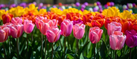 Spectacular Field of Vibrant Colorful Tulips Blooming in Springtime
