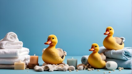 Cosmetics and Bath Accessories on Light Background, Towels, Sponges, and Cosmetics in Soft Light, Bath Ducks, Towels, and Cosmetics on Light Surface, Cosmetics, Bath Ducks, and Towels in Soft Light