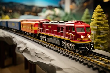 Miniature model of a train on the background of the Christmas trees. red toy train. mini model of a hi tech train on track. goods train.