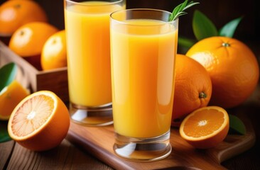 refreshing summer drink, two glasses of freshly squeezed juice on a wooden table, fresh oranges