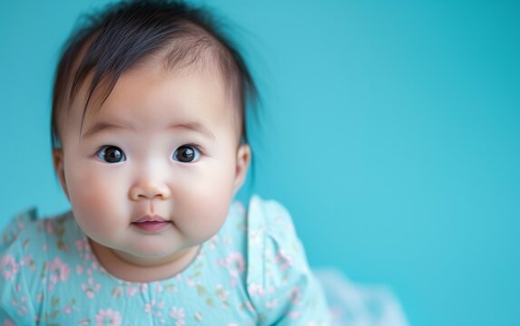 captures a multiracial baby on a vibrant blue background. The babys features are in sharp focus, displaying innocence and curiosity.