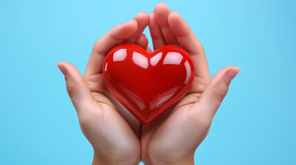 Obraz premium two hands gently holding a glossy red heart against a soft blue background, symbolizing care, love, and health.