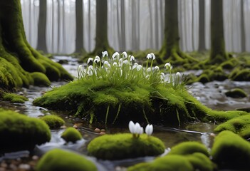 budding springtime river bank of earth on which moss, small seedlings and snowdrops grow between tree roots and pebbles.