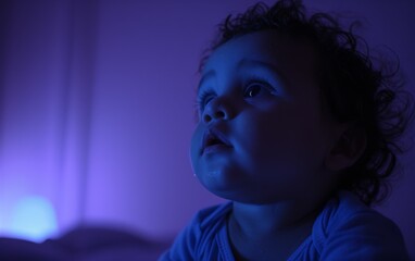 A young multiracial girl is captured in a dark room, gazing upwards with curiosity. The dim lighting creates a mysterious atmosphere around her as she ponders. - Powered by Adobe
