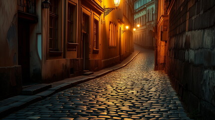 Naklejka premium Old European cobblestone street lit by warm lights at night in a quiet town.