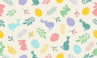 Easter seamless pattern with rabbits and eggs. Vector illustration