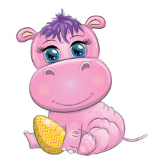 Cute cartoon hippo with Easter egg, Easter card