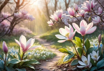 Fotobehang Blossoming of magnolia flowers in spring time © olenakucher
