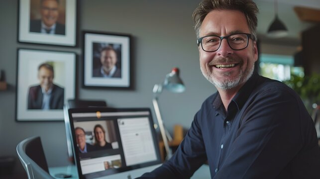 Professional man in glasses smiling at camera, office environment with laptop and pictures. casual business style, modern workplace. AI