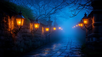 Foggy alley with vintage street lamps casting a blue light on the stone path.
