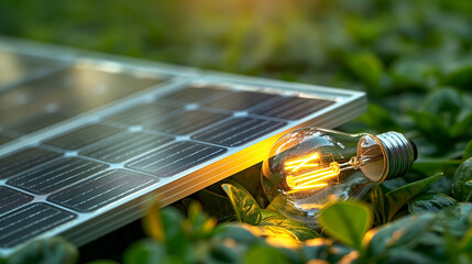 light bulb upon solar panel, solar energy concept